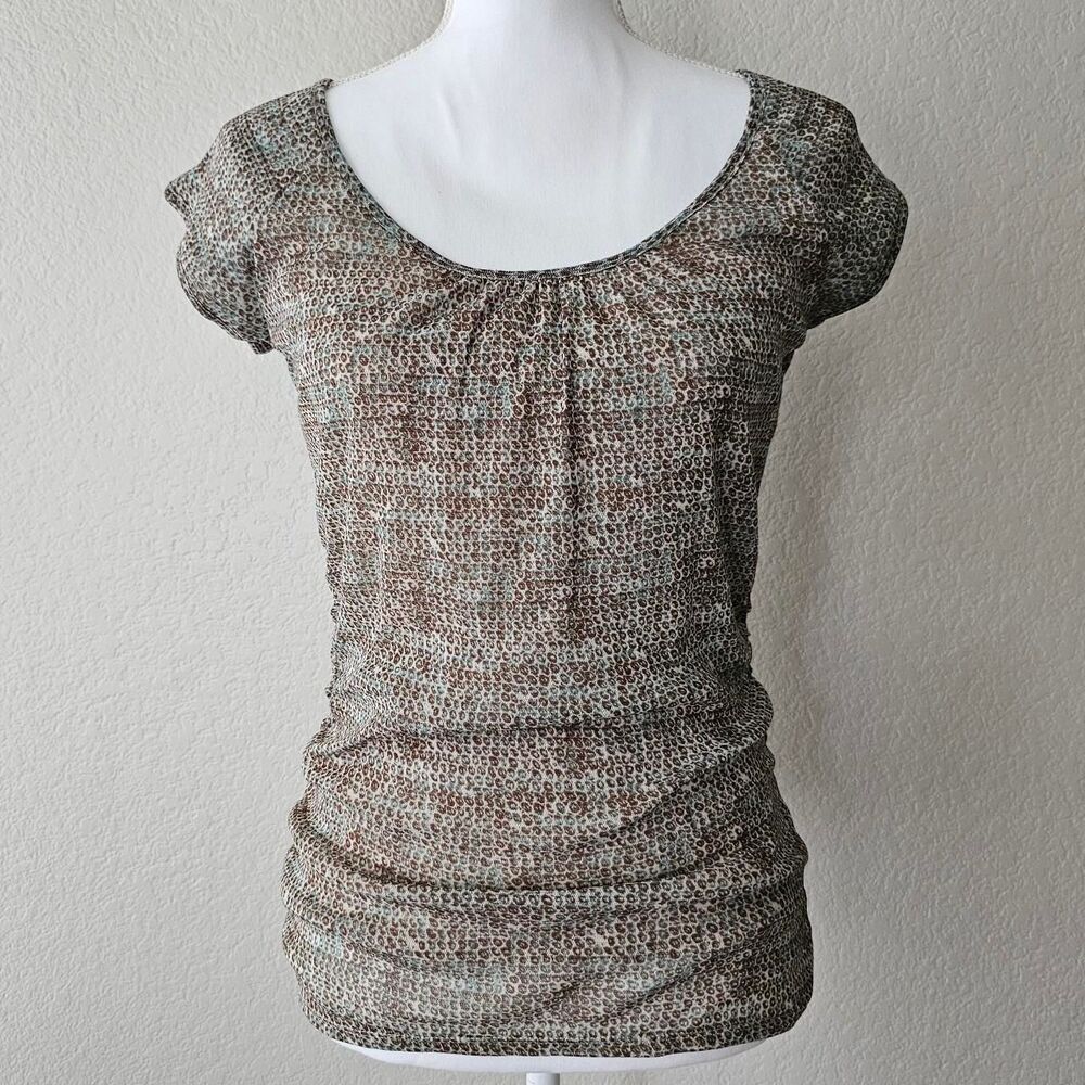 Y2K brown & blue snakeskin print mesh boho top with nude liner and ruched sides